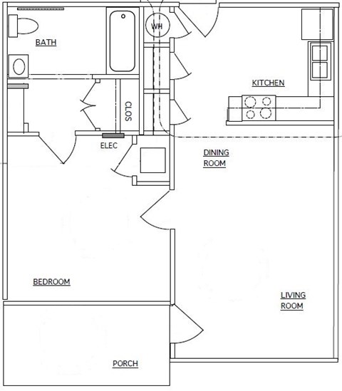 Floor plan for 1 bed, 1 bath, 672 sqft